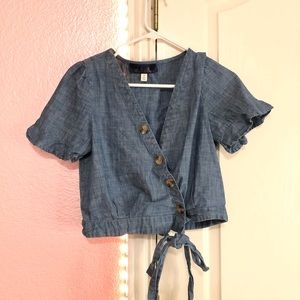 Francescas/blue rain denim button up, bow, crop top